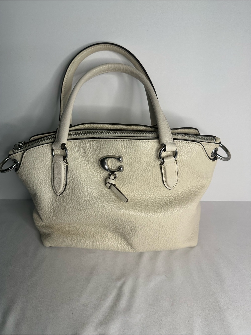 Coach Remi Chalk Pebbled Leather Satchel with Silver Hardware
